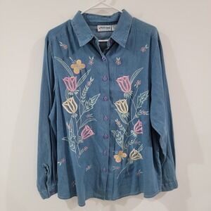 Vintage Womens Chambray Button Up‎ Top 1X Floral Embroidered Cottage Butterfly